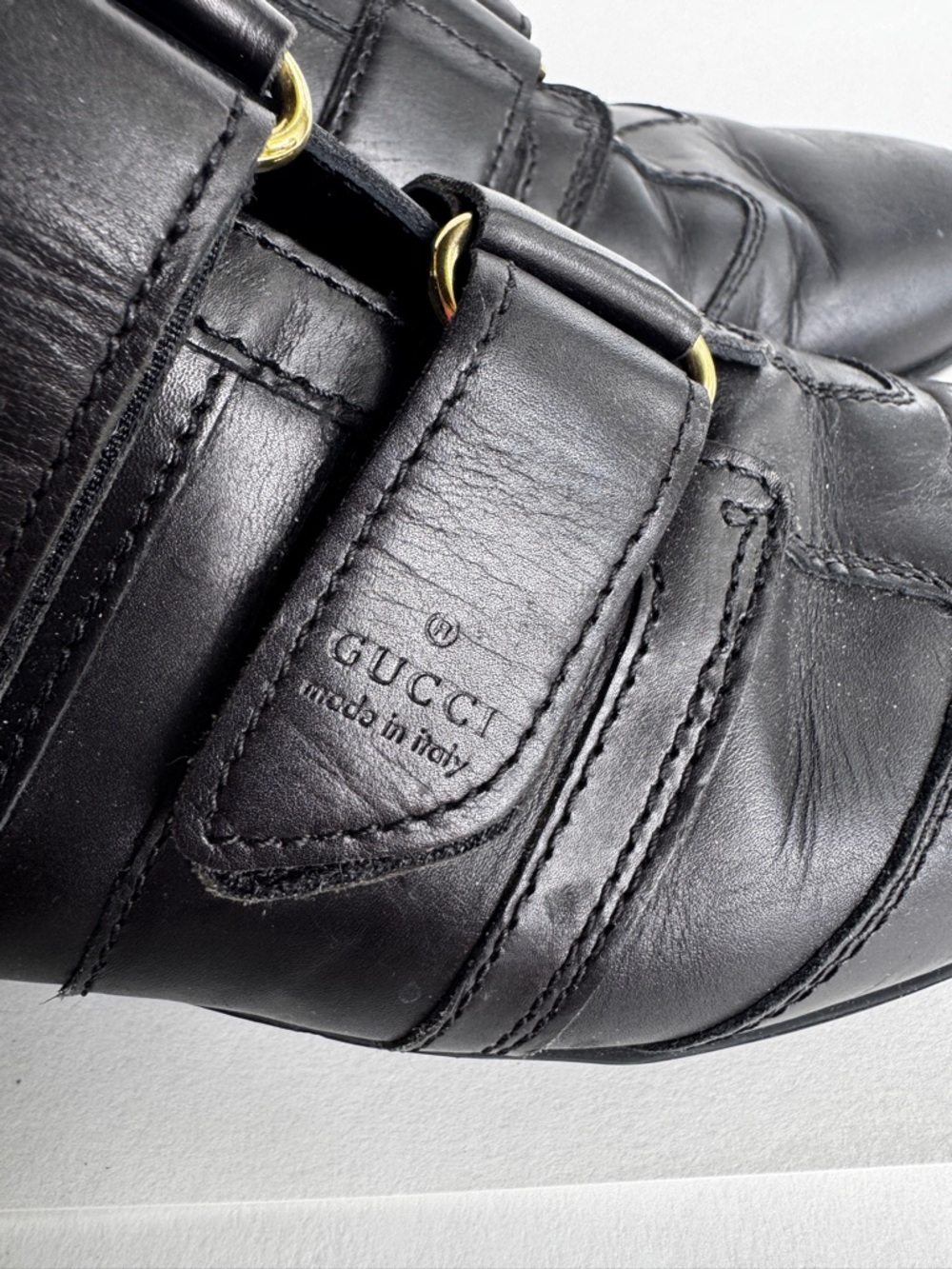 Vintage Gucci Black Leather Triple Velcro Strap Sneaker Gold Hardware 10B - Picture 2 of 13